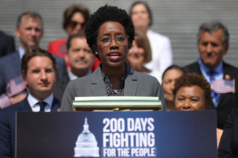 Rep. Lauren Underwood (D-IL) speaks while joining fellow House Democrats to mark the 200th day of the 116th Congress on the steps outside the U.S. Capitol July 25, 2019 in Washington, DC.