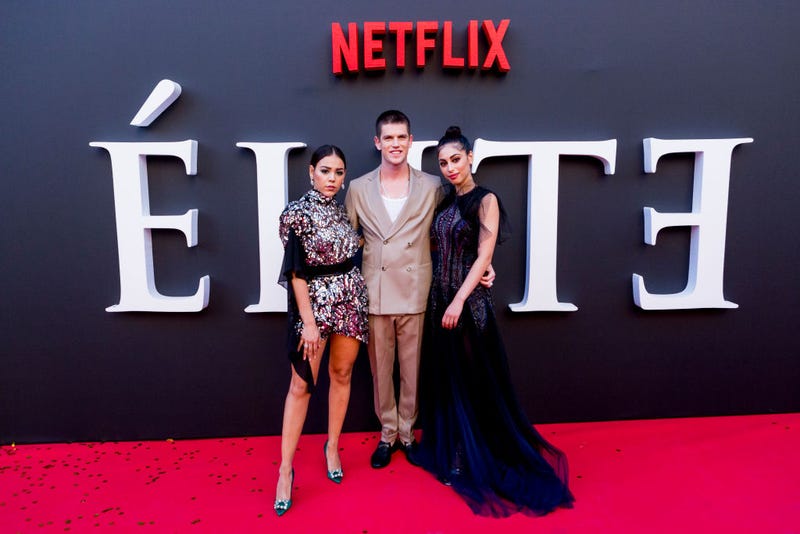Danna Paola, Miguel Bernadeau and Mina El Hammani attend "Elite" 2nd Season Premiere at Callao Cinema on August 29, 2019 in Madrid, Spain.