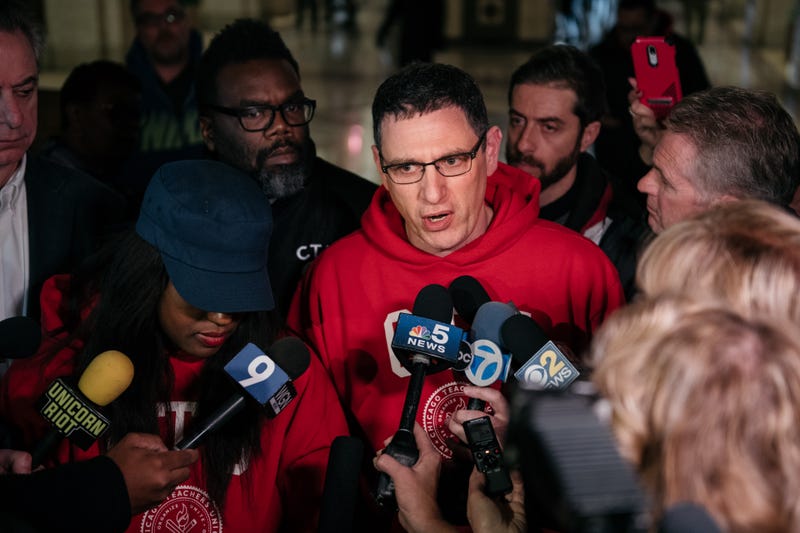 Chicago Teachers Union president Jesse Sharkey addresses the media at City Hall after the announcement of a deal to end an 11 day teachers strike on October 31, 2019 in Chicago, Illinois.