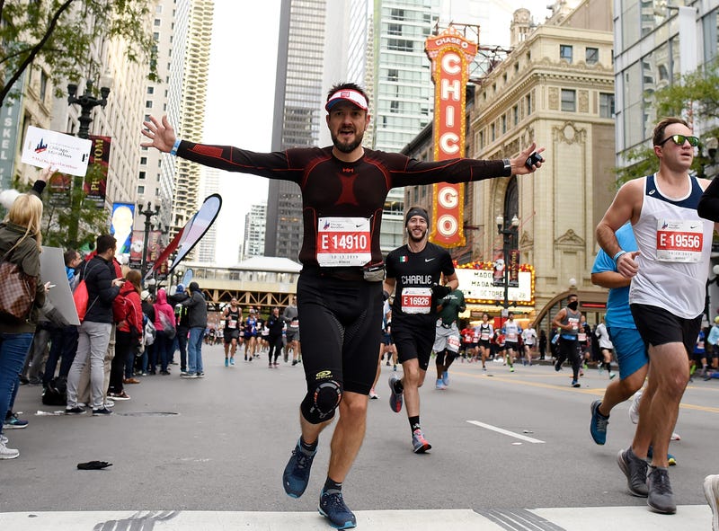 A general view of competitors runing past the Chicago Theater during the 2019 Bank of America Chicago Marathon on October 13, 2019 in Chicago, Illinois.