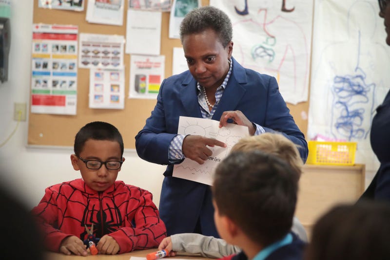 Chicago Mayor Lori Lightfoot visits with children affected by the teachers' strike at the McCormick YMCA on October 17, 2019 in Chicago, Illinois.