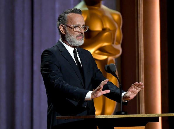Tom Hanks speaking at the Oscars