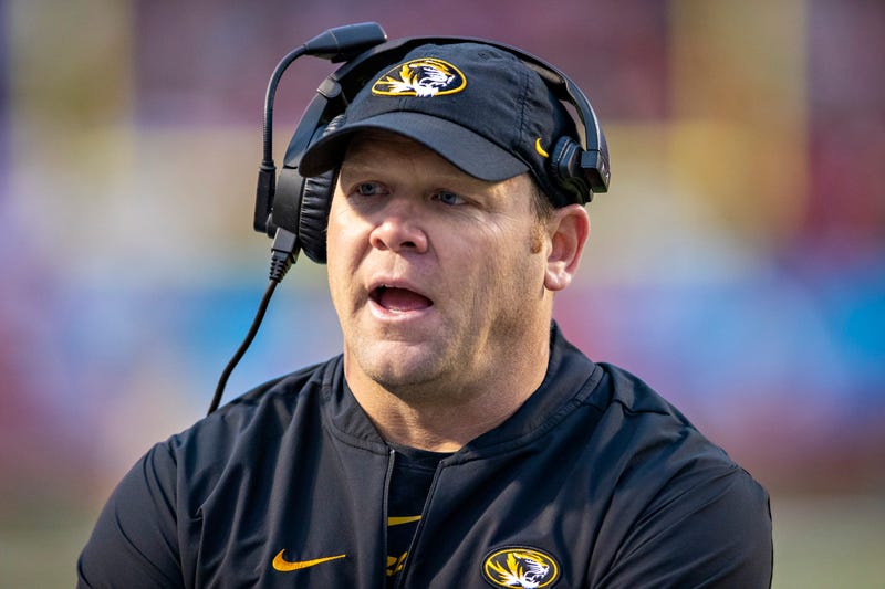 Head Coach Barry Odom of the Missouri Tigers works the sidelines in the second half of a game against the Arkansas Razorbacks at War Memorial Stadium on November 29, 2019
