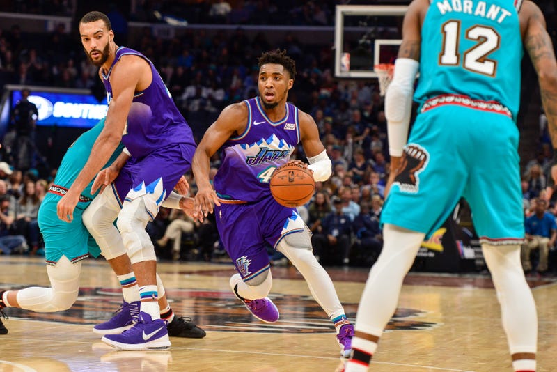 Jazz All-Star Donovan Mitchell drives to the hoop