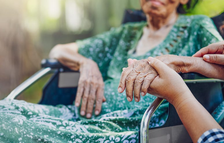 Elderly Woman, Wheelchair, Holding Hands