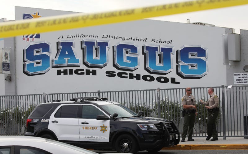 L.A. County Sheriff's Deputies are positioned at Saugus High School a day after a deadly shooting there on November 15, 2019 in Santa Clarita, California.