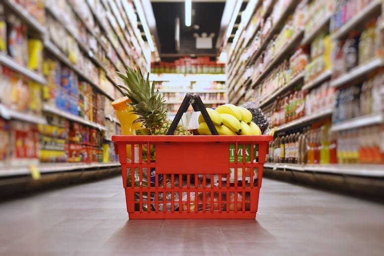 Grocery Store, Aisle, Basket, Groceries