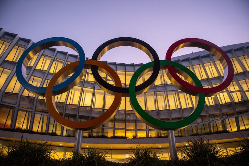 The Olympic Rings sit on display outside the International Olympic Committee (IOC) Headquarters