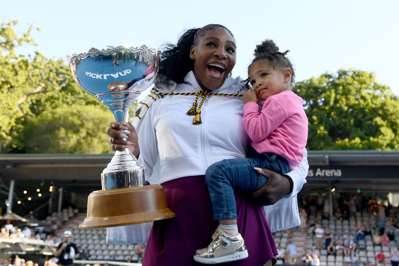 Serena Williams of the USA celebrates with daughter Alexis Olympia after winning the final match against Jessica Pegula of USA at ASB Tennis Centre on January 12, 2020 in Auckland, New Zealand.