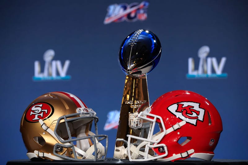 Super Bowl 2020 helmets and trophy