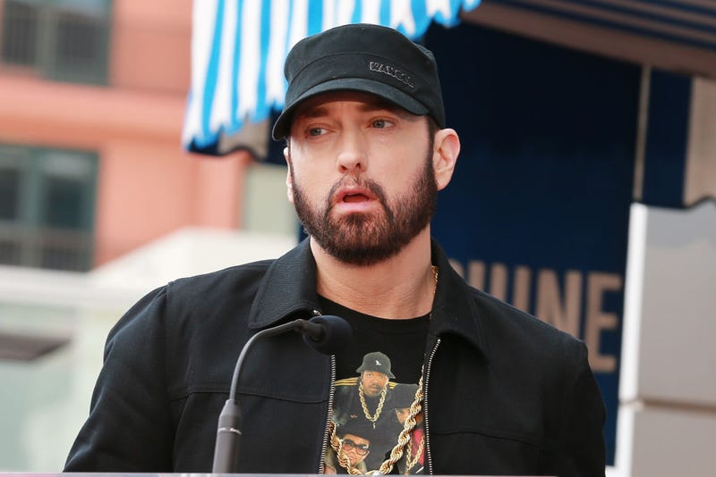 Eminem speaks during a ceremony honoring 50 Cent with a star on the Hollywood Walk of Fame on January 30, 2020 in Hollywood, California. (Photo by Leon Bennett/Getty Images)