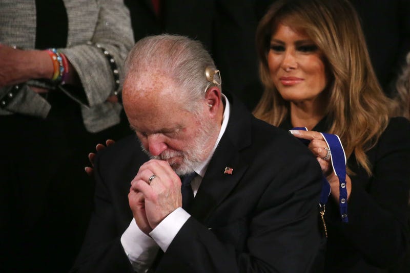 Radio personality Rush Limbaugh reacts as First Lady Melania Trump prepares to give him the Presidential Medal of Freedom during the State of the Union address in the chamber of the U.S. House of Representatives on February 04, 2020 in Washington, DC.