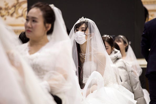 Bride and Groom Kiss Through Masks Amid Coronavirus