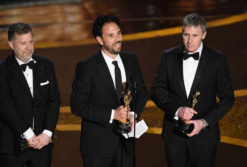 Greg Butler, Guillaume Rocheron, and Dominic Tuohy accept the Visual Effects award for '1917' onstage during the 92nd Annual Academy Awards at Dolby Theatre on February 09, 2020 in Hollywood, California