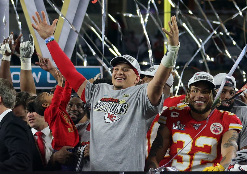 Patrick Mahomes celebrating the Chiefs' first Super Bowl in 50 years
