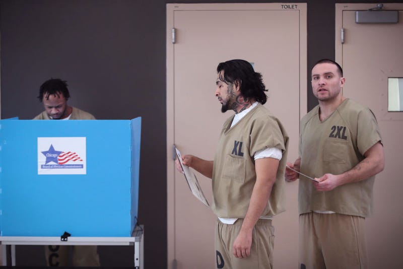 Inmates at the Cook County Jail cast their votes in the Illinois primary election after a polling place in the facility was opened for early voting on March 07, 2020 in Chicago, Illinois. About 500 to 700 inmates were expected to vote today inside the facility which houses more than 5,000 detainees. The jail is the first in the nation to open a polling place inside to allow inmates to vote. The Illinois primary election will be held on March 17. (Photo by Scott Olson/Getty Images)