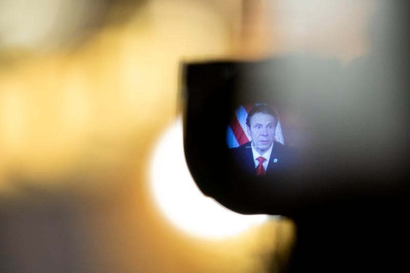 Governor Andrew Cuomo, seen through the viewfinder of a television camera, speaks during his daily press briefing on May 1, 2020 in Albany, New York.