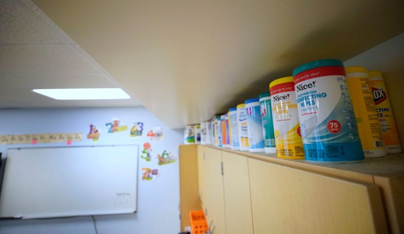 Sanitary wipes and cleaning supplies sit on a shelf in a classroom waiting to be used next year at Freedom Preparatory Academy on May 18, 2020 in Provo, Utah. Freedom Academy an elementary school was closed on March 16, 2020 along with all other school in Utah due to the order of the Utah Governor due to the COVID-19 pandemic.