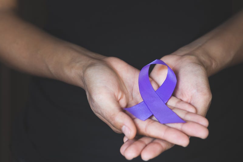 Woman Hand Holding Purple Ribbon, Domestic Violence Awareness Month (October)