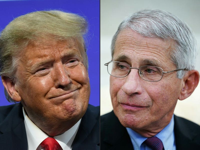 This combination of pictures created on July 13, 2020 shows US President Donald Trump in Phoenix, Arizona, June 23, 2020 and Anthony Fauci , director of the National Institute of Allergy and Infectious Diseases in Washington, DC on April 29, 2020.