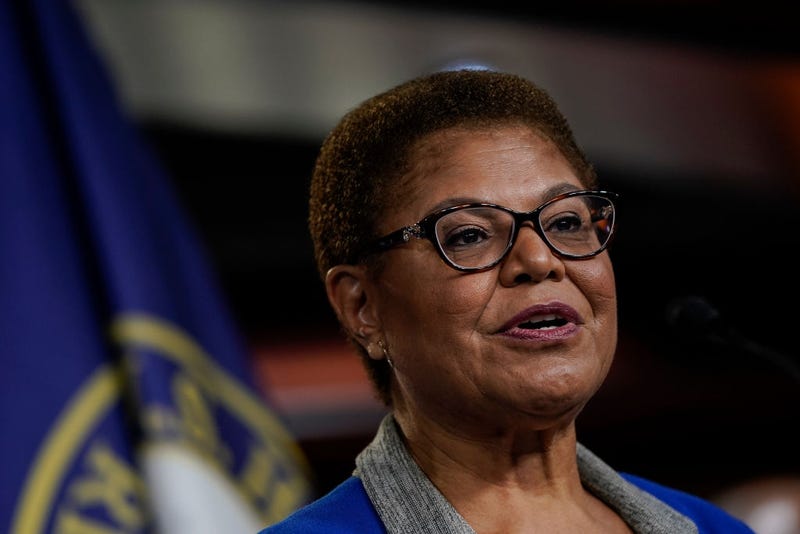 Rep. Karen Bass (D-CA) speaks during a news conference to discuss an upcoming House vote regarding statues on Capitol Hill on July 22, 2020, in Washington, DC.