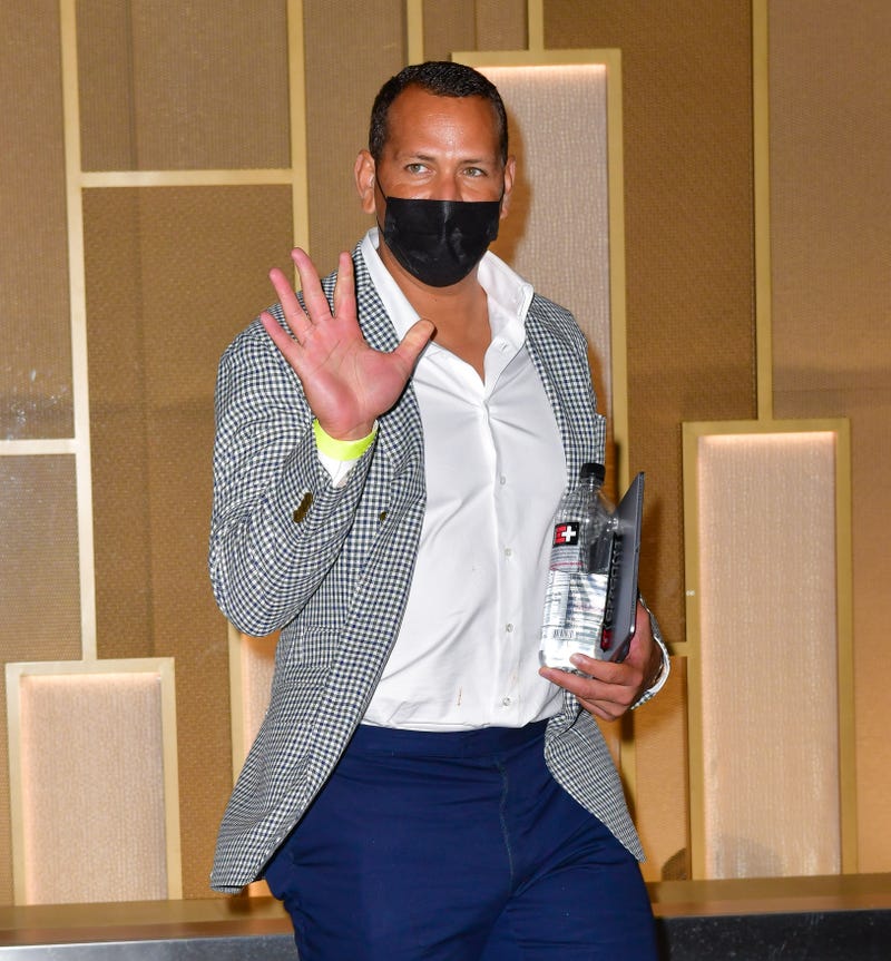 Alex Rodriguez visits Jennifer Lopez on location of her music video with Maluma at Hudson Yards on August 9, 2020 in New York City.