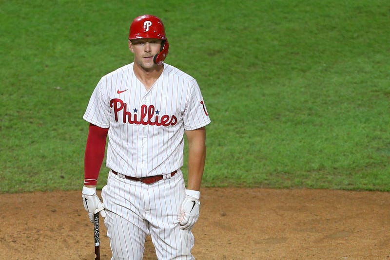 Rhys Hoskins #17 of the Philadelphia Phillies reacts after striking out looking in the ninth against the Baltimore Orioles