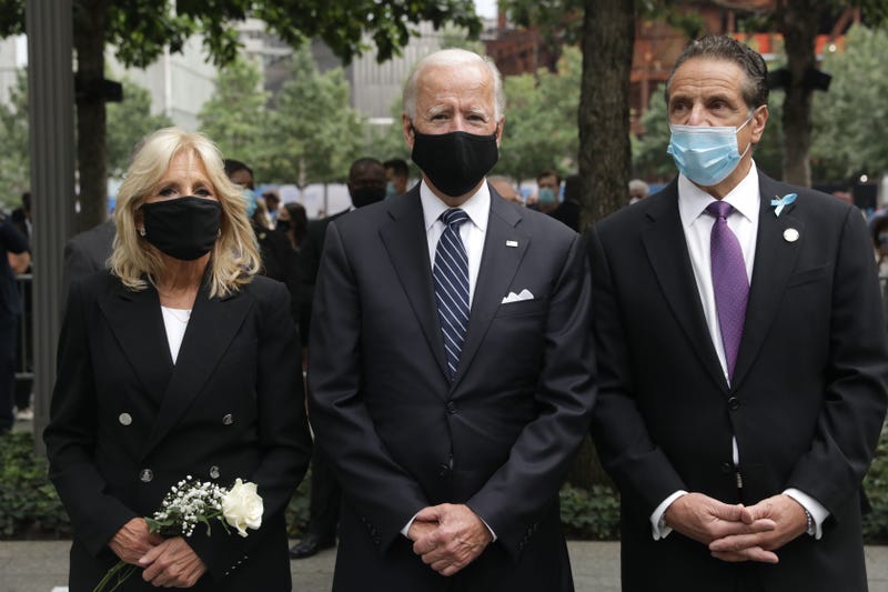 Democratic presidential candidate Joe Biden, with ghis wife Jill Biden and New york Governor Andrew Cuomo, attends the 19th September 11 commemoration ceremony at the National September 11 Memorial & Museum in New York, September 11, 2020.