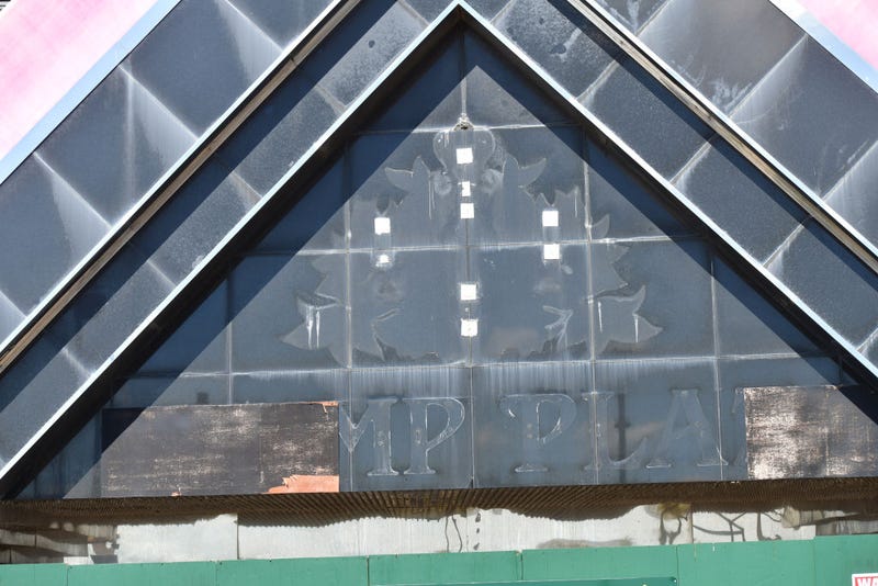 Remains of the name "TRUMP PLAZA" faces the oceanfront entrance of Trump Plaza Hotel and Casino