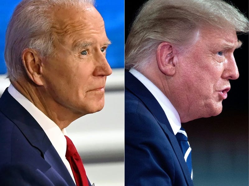 This combination of pictures created on October 15, 2020 shows Democratic Presidential candidate and former US Vice President Joe Biden participates in an ABC News town hall event at the National Constitution Center in Philadelphia on October 15, 2020, and US President Donald Trump gestures as he speaks during an NBC News town hall event at the Perez Art Museum in Miami on October 15, 2020.