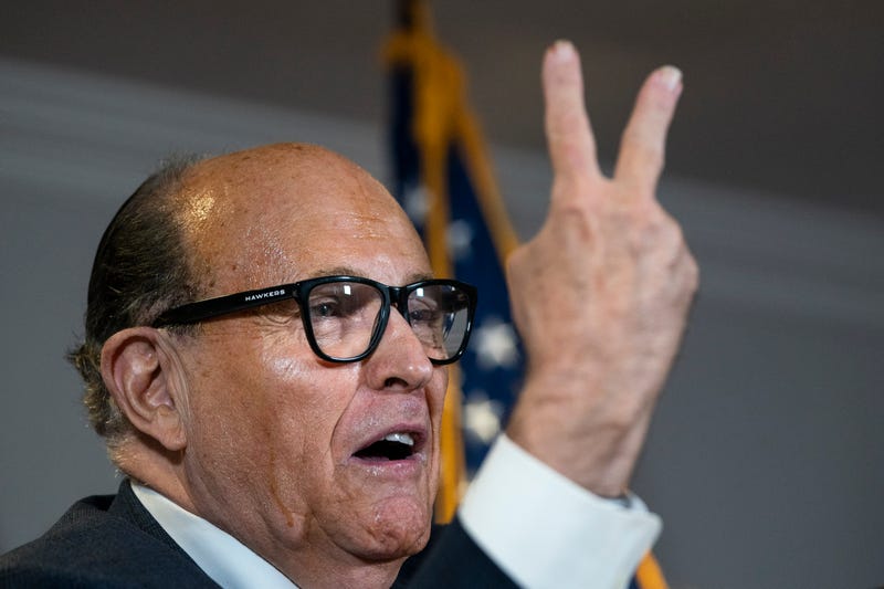 Rudy Giuliani accuses people of voting twice as he speaks to the press about various lawsuits related to the 2020 election, inside the Republican National Committee headquarters on November 19, 2020 in Washington, DC.