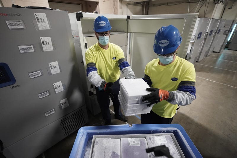 Boxes containing the Pfizer-BioNTech COVID-19 vaccine are prepared to be shipped at the Pfizer Global Supply Kalamazoo manufacturing plant on December 13, 2020 in Portage, Michigan.