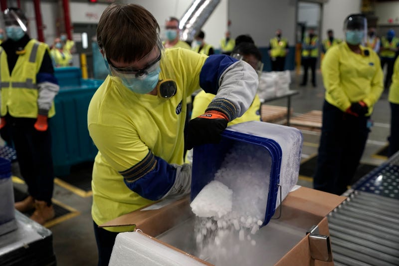 Boxes containing the Pfizer-BioNTech COVID-19 vaccine are prepared to be shipped at the Pfizer Global Supply Kalamazoo manufacturing plant on December 13, 2020 in Portage, Michigan. (