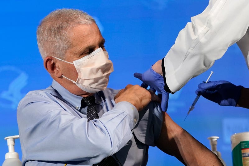 Dr. Anthony Fauci, director of the National Institute of Allergy and Infectious Diseases, prepares to receive his first dose of the COVID-19 vaccine at the National Institutes of Health on December 22, 2020 in Bethesda, Maryland.