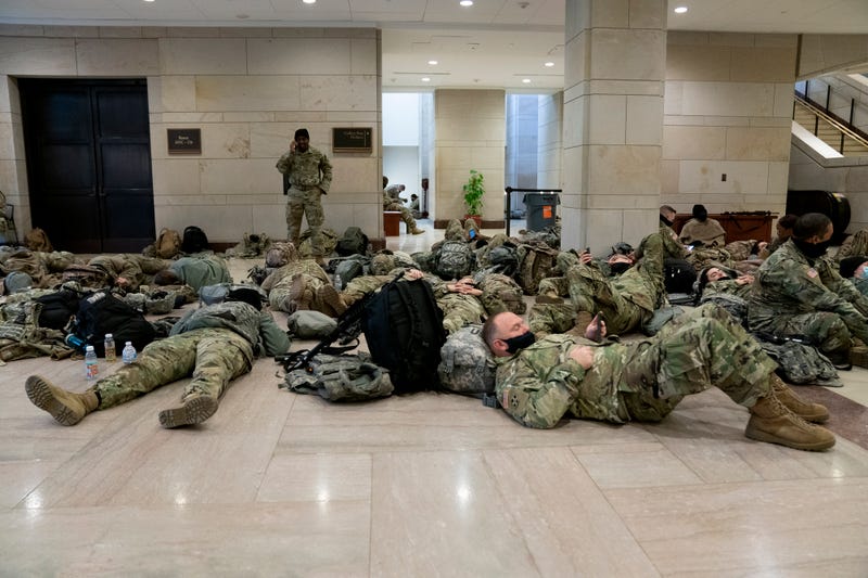 Members of the National Guard sleep on the floor of the U.S. Capitol on January 13, 2021 in Washington, DC. Security has been increased throughout Washington following the breach of the U.S. Capitol last Wednesday, and leading up to the Presidential inauguration.