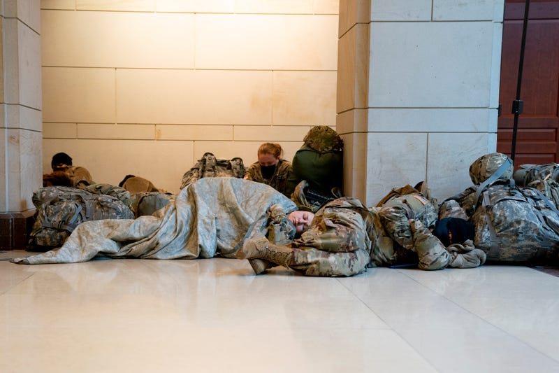 Members of the National Guard sleep on the floor of the U.S. Capitol on January 13, 2021 in Washington, DC. Security has been increased throughout Washington following the breach of the U.S. Capitol last Wednesday, and leading up to the Presidential inauguration.