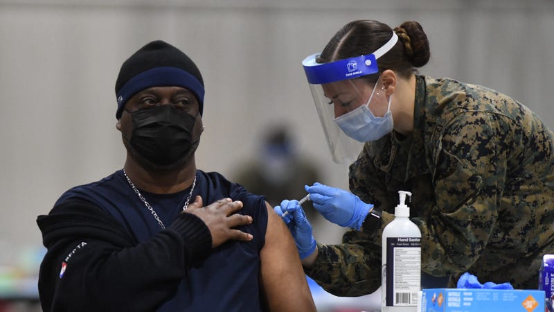 Someone receiving a coronavirus vaccine at the Pennsylvania Convention Center in Philadelphia.