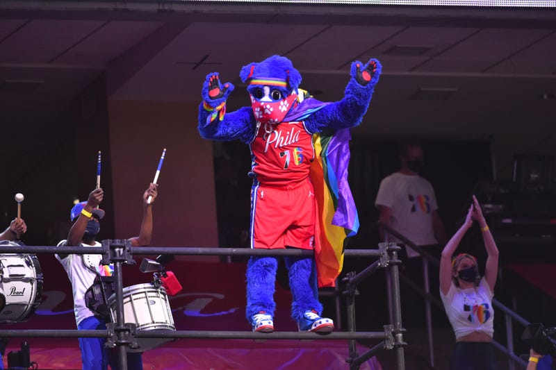 Philadelphia 76ers mascot, Franklin the dog, celebrates Pride Night.