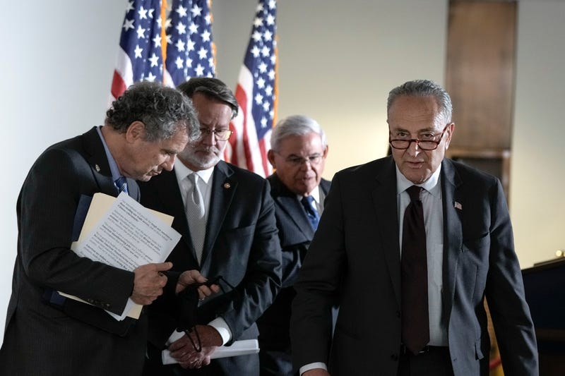 Sen. Sherrod Brown with Majority Leader Chuck Schumer and other Democrats.