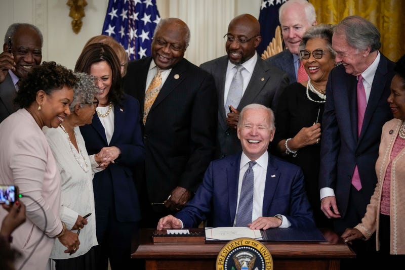President Joe Biden signs the Juneteenth National Independence Day Act into law in the East Room of the White House on June 17, 2021 in Washington, DC. The Juneteenth holiday marks the end of slavery in the United States and the Juneteenth National Independence Day will become the 12th legal federal holiday — the first new one since Martin Luther King Jr. Day was signed into law in 1983.