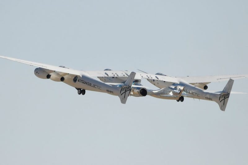 The Virgin Galactic SpaceShipTwo space plane Unity flies at Spaceport America, near Truth and Consequences, New Mexico on July 11, 2021 before travel to the cosmos.