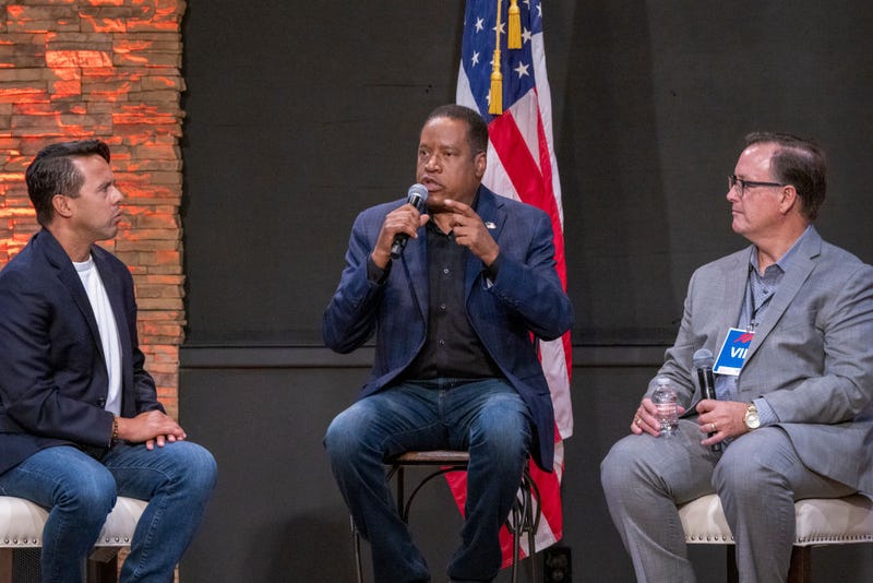 Republican recall candidate Larry Elder appears with a group of pastors during a Latino town hall event at the New Season LA Church as he campaigns to try to beat Gov. Gavin Newsom in the upcoming gubernatorial recall election on September 9, 2021 in Downey, California