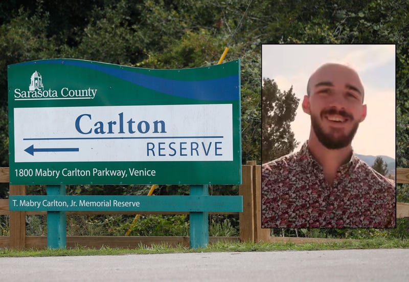 The entrance to the Carlton Reserve (left). Brian Laundrie (right)