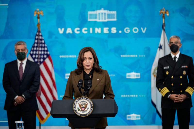 Flanked by Dr. Luis Padilla (L), associate Administrator for Health Workforce at Health Resources and Services Administration, and U.S. Surgeon General Dr. Vivek Murthy (R), Vice President Kamala Harris speaks about Covid-19 vaccine equity in the South Court Auditorium at the White House complex November 22, 2021 in Washington, DC. The White House announced Monday a $1.5 billion initiative aimed at shoring up healthcare access in rural and underserved areas. (Photo by Drew Angerer/Getty Images)