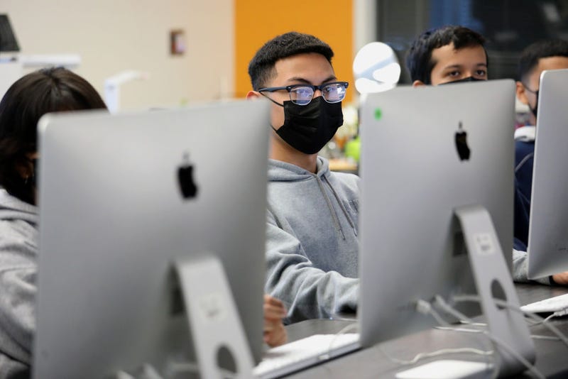 Students in the Exploring Computer Science class listen to Superintendent Alberto M. Carvalho, Los Angeles Unified School District, on Feb. 16, 2022.