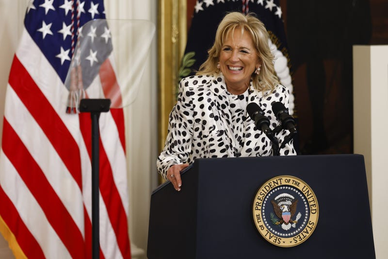 U.S. First Lady Jill Biden speaks during a Black History Month celebration in the East Room of the White House in Washington, D.C., U.S., on Monday, Feb. 28, 2022. Members of the Congressional Black Caucus, Civil Rights leaders and Divine Nine leadership were also in attendance Photographer: Ting Shen/Bloomberg via Getty Images
