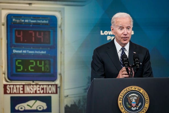 U.S. President Joe Biden speaks about gas prices in the South Court Auditorium at the White House campus on June 22, 2022 in Washington, DC. Biden called on Congress to temporarily suspend the federal gas tax.
