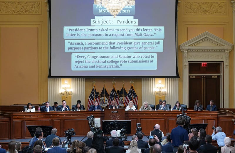 Communication about presidential pardons are shown during the fifth hearing held by the Select Committee to Investigate the January 6th Attack on the U.S. Capitol on June 23, 2022