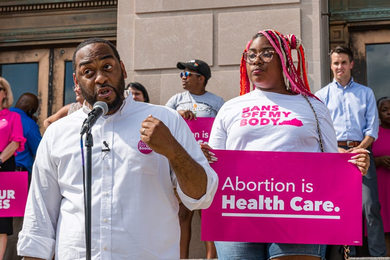 Democratic candidate for U.S. Senate Charles Booker speaks during a press conference addressing the Supreme Court's decision in the Dobbs v Jackson Women's Health case at on June 24, 2022 in Louisville, Kentucky.