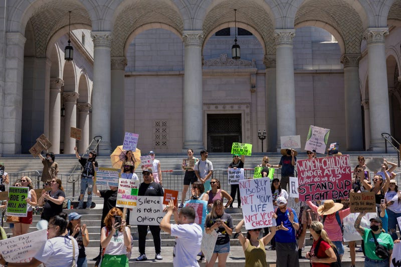 Protesters denounce the U.S. Supreme Court's decision to end abortion rights protections at the steps of City Hall on June 25, 2022 in Los Angeles, California. The Supreme Court's decision in the Dobbs v Jackson Women's Health overturned the landmark 50-year-old Roe v Wade case and erased a federal right to an abortion. (Photo by David McNew/Getty Images)